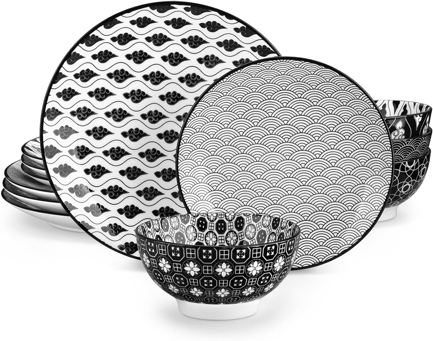 vancasso Haruka 12 Pieces Plates and Bowls Set, Ceramic Dinnerware Sets for 4, B...