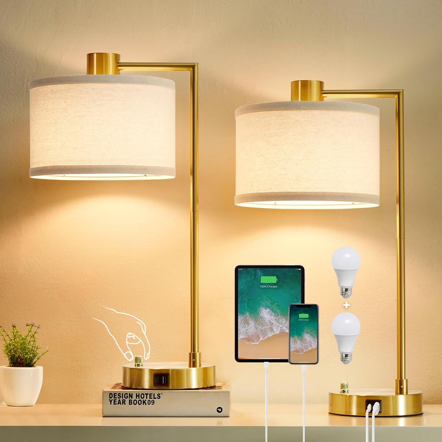 Luvkczc Table Lamp for Bedroom Set of 2 with USB C+A Ports, Fully Stepless Dimma...
