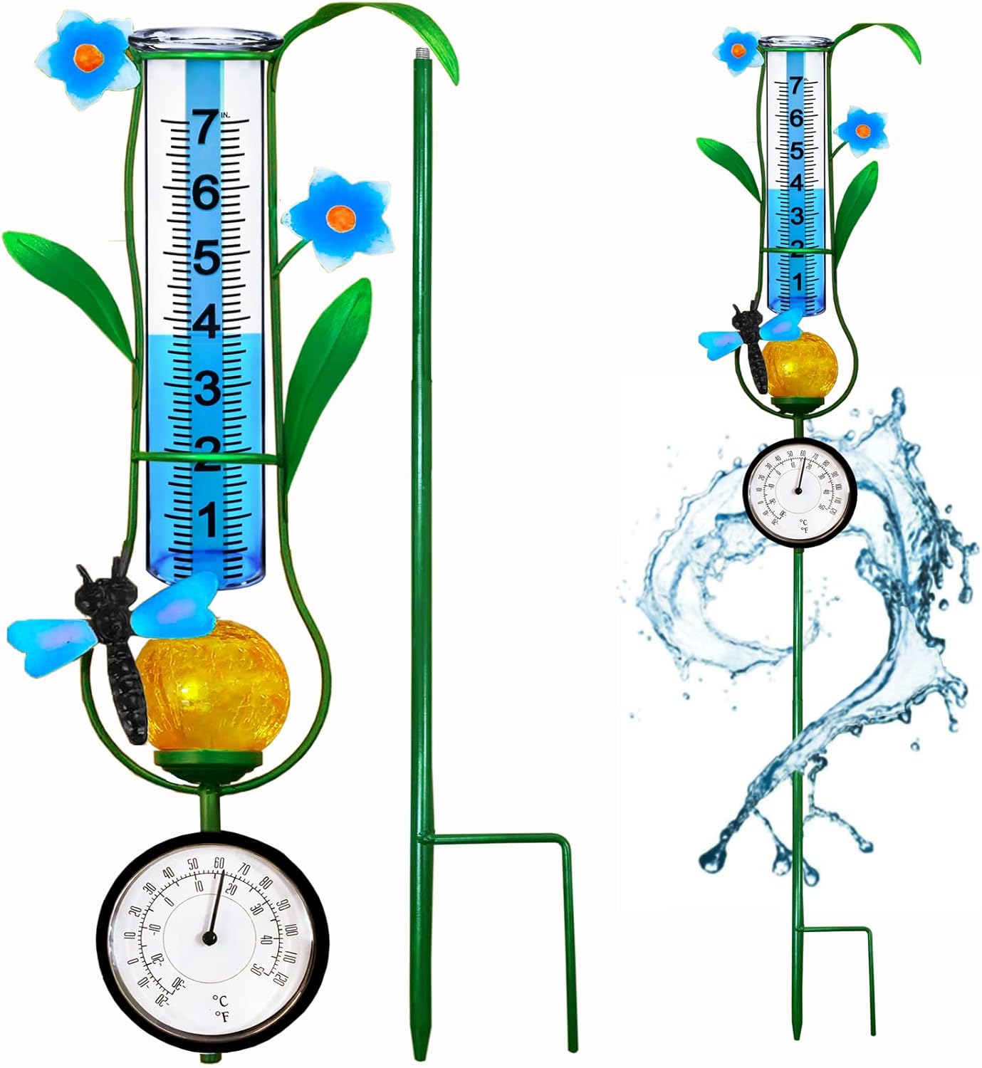 Rain Gauge Outdoor, Metal Dragonfly Flower Stake Rain Gauges with Solar Lights,...