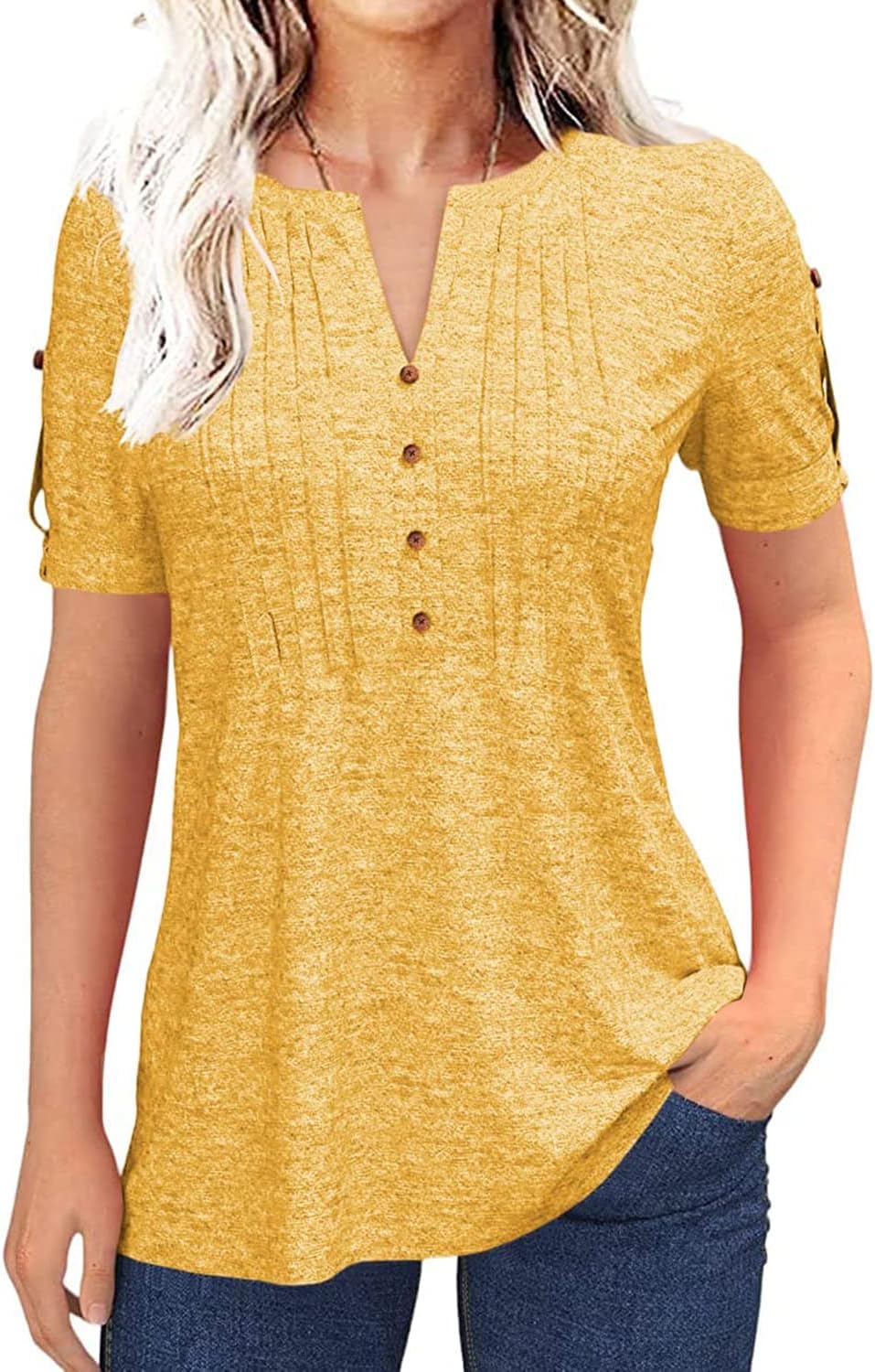 Women's Zipper Summer Pleated Button Short Sleeve T-Shirt Summer V-Neck Solid Co...