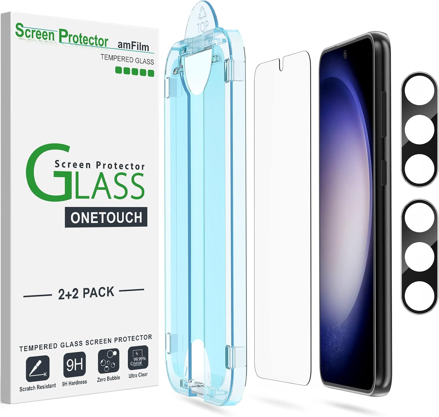 amFilm 2+2 Pack Tempered Glass Screen & Camera Lens Protector for Samsung Galaxy...