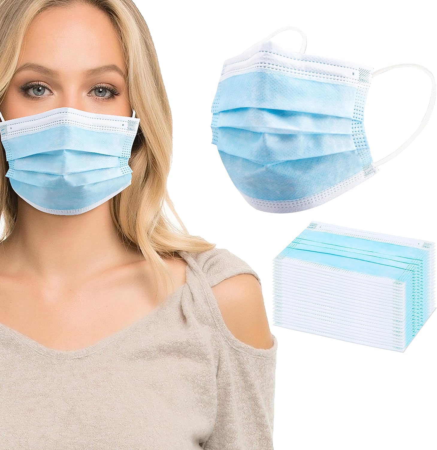 akgk Disposable Face Masks 100Pcs, Blue Face Mask, 3 Ply Disposable Mask with El...