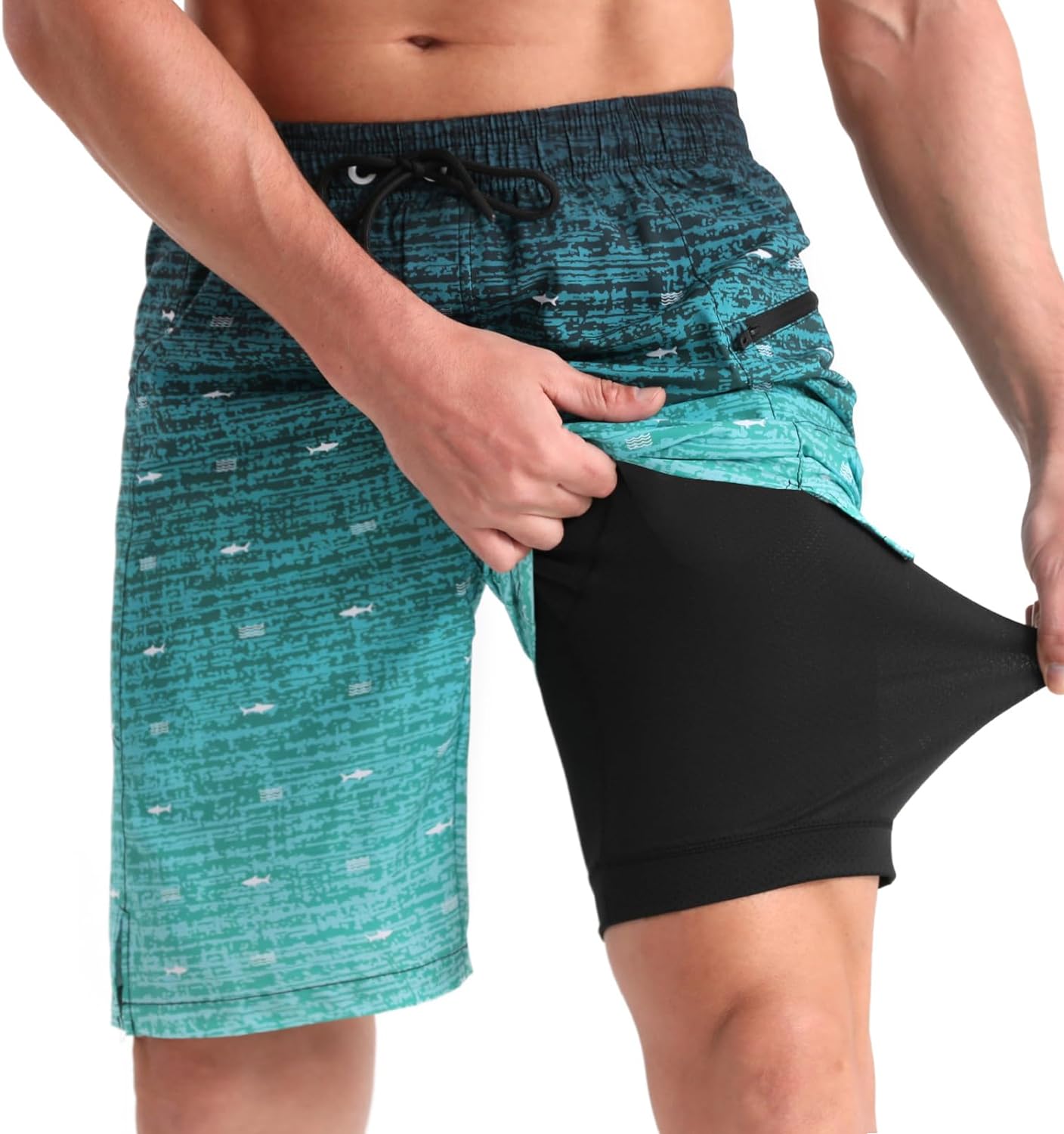 zeetoo Mens Swim Trunks with Compression Liner 9" Inseam Quick Dry Swim Shorts w...
