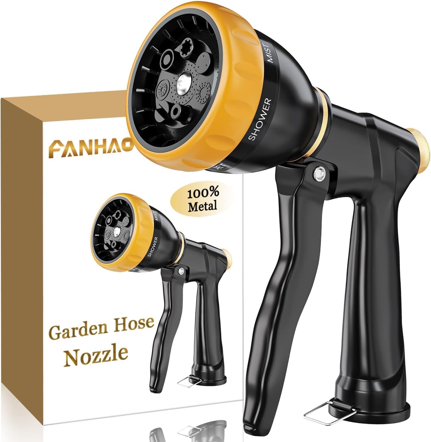 FANHAO Garden Hose Nozzle Sprayer, 100% Heavy Duty Metal Spray Nozzle with 7 Spr...