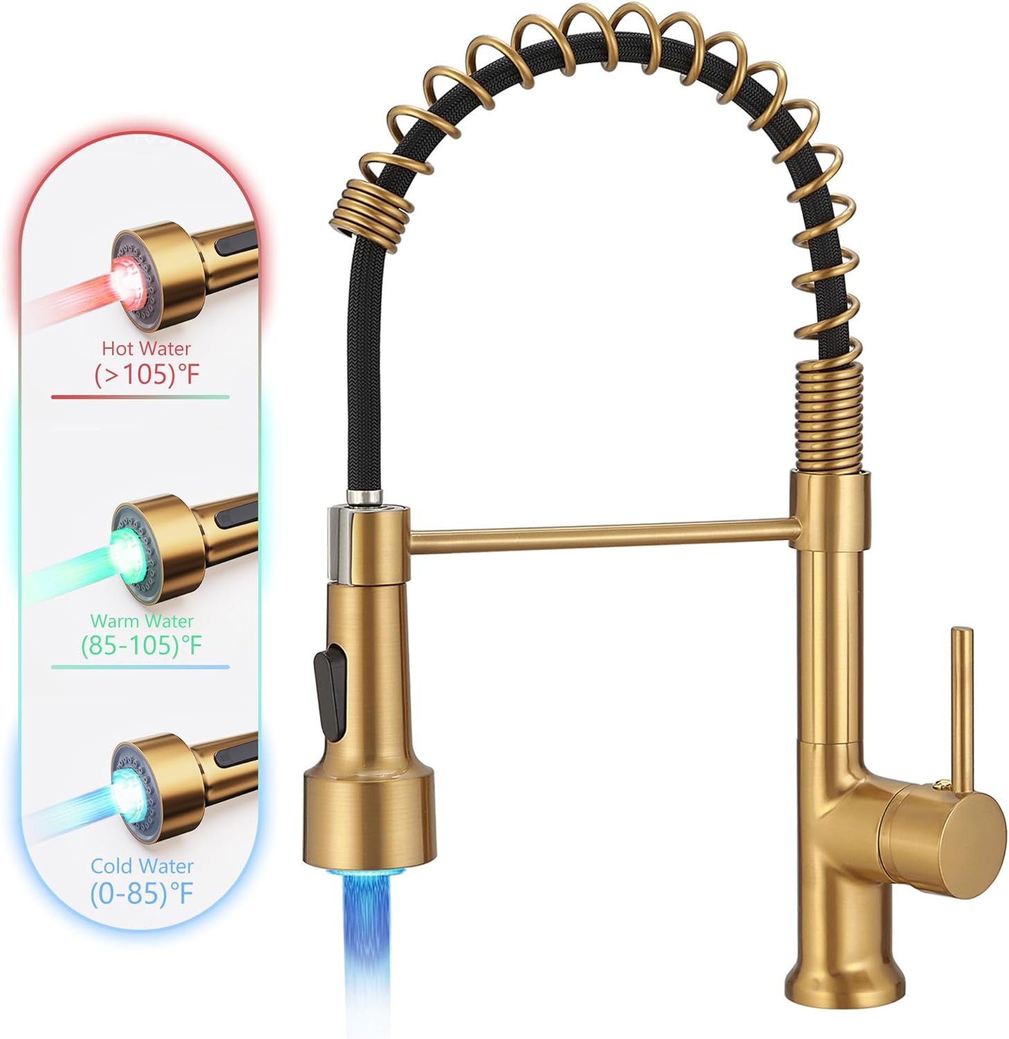 GIMILI Brushed Gold Kitchen Faucet with Pull Down Sprayer Single Handle LED Kitc...