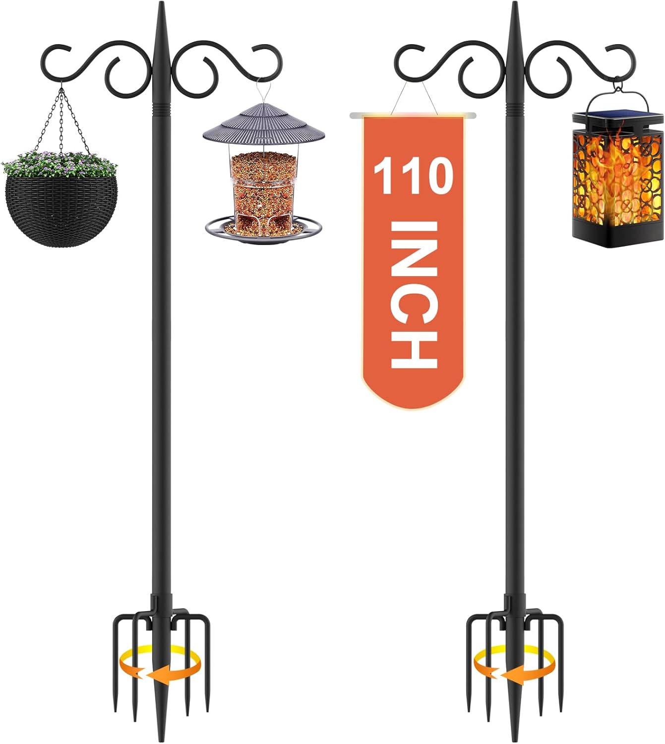 Double Shepherds Hooks for Outdoor,2 Pack 110 Inch Bird Feeder Pole with 5 Prong...