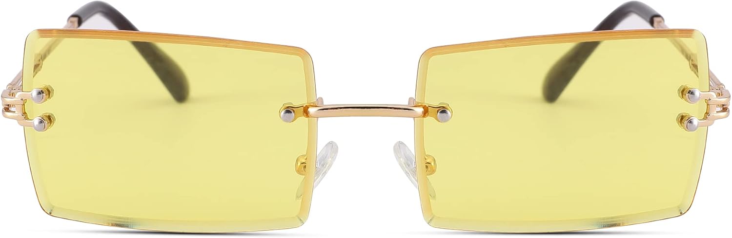 Rectangle Sunglasses for Men/Women Small Rimless Square Shade Eyewear E1* Yellow...