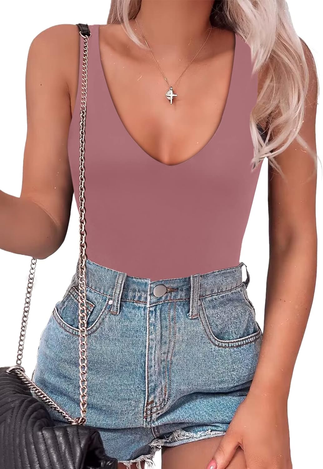 SAUNGKUAI Women’s Bodysuit Sexy Plunge Deep V Neck Backless Sleeveless Tank Thon...