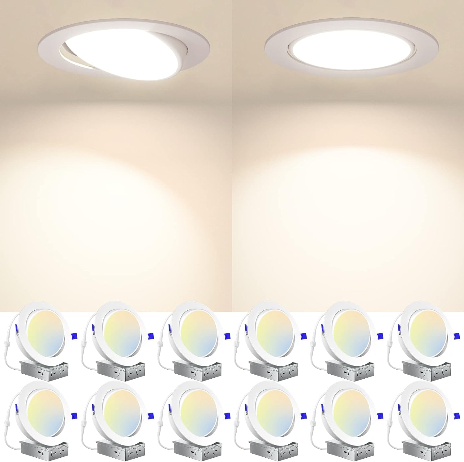 Amico 12 Pack 6 Inch 5CCT Gimbal Slim LED Recessed Lights with J-Box, Airtight D...