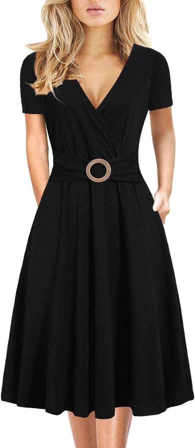 Women's Elegant Criss-Cross V Neck Vintage Short Sleeve Work Casual Fit and Flar...