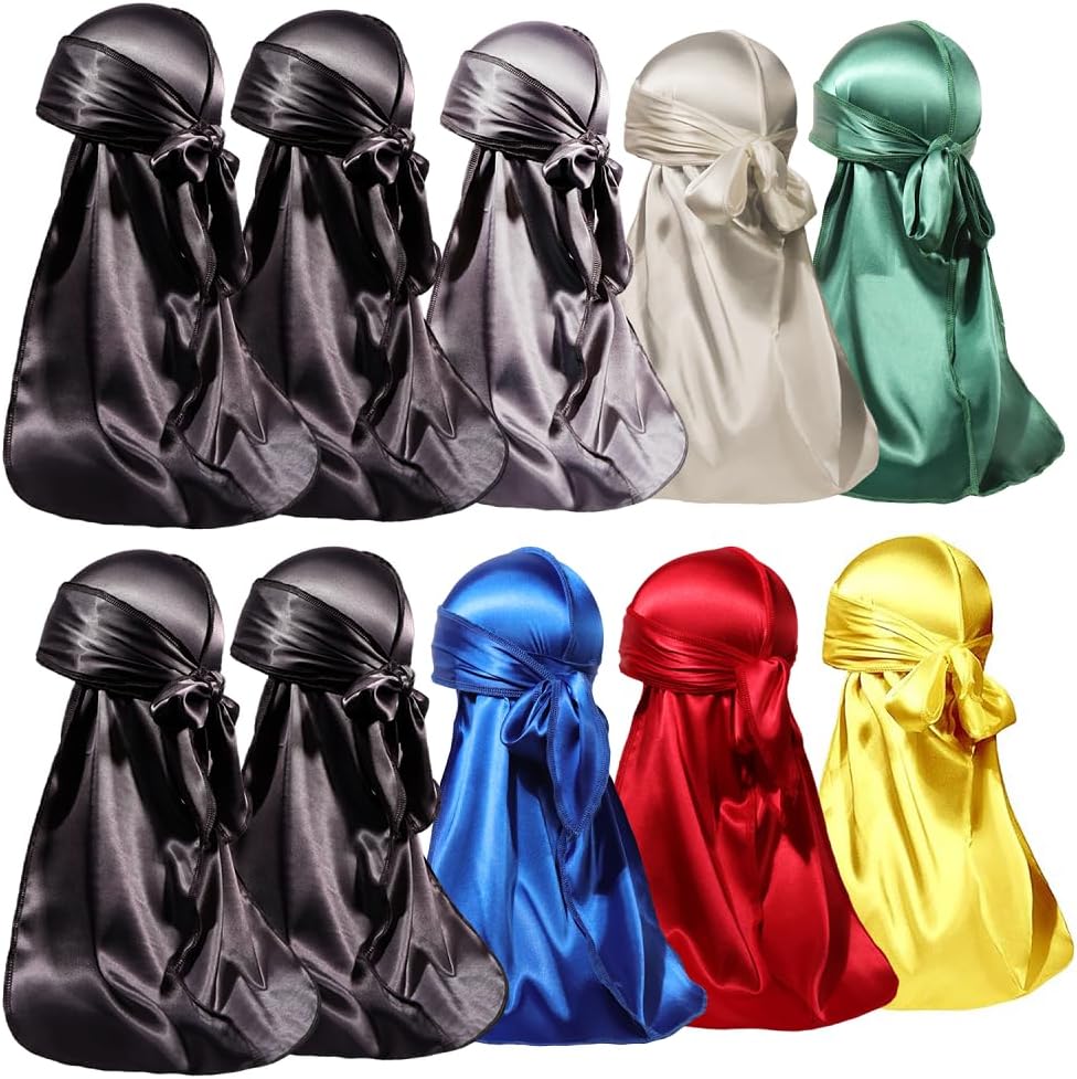ForceWave 10 Pieces Silky Durags Long Tail for Women Men Satin Durag 360 Wave，D...
