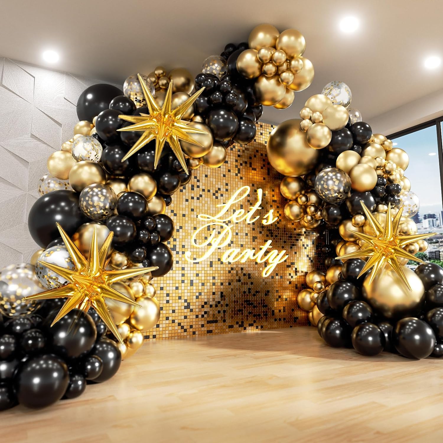 Black and Gold Balloons Garland Arch Kit, 5 10 12 18inch Black Gold Confetti Lat...