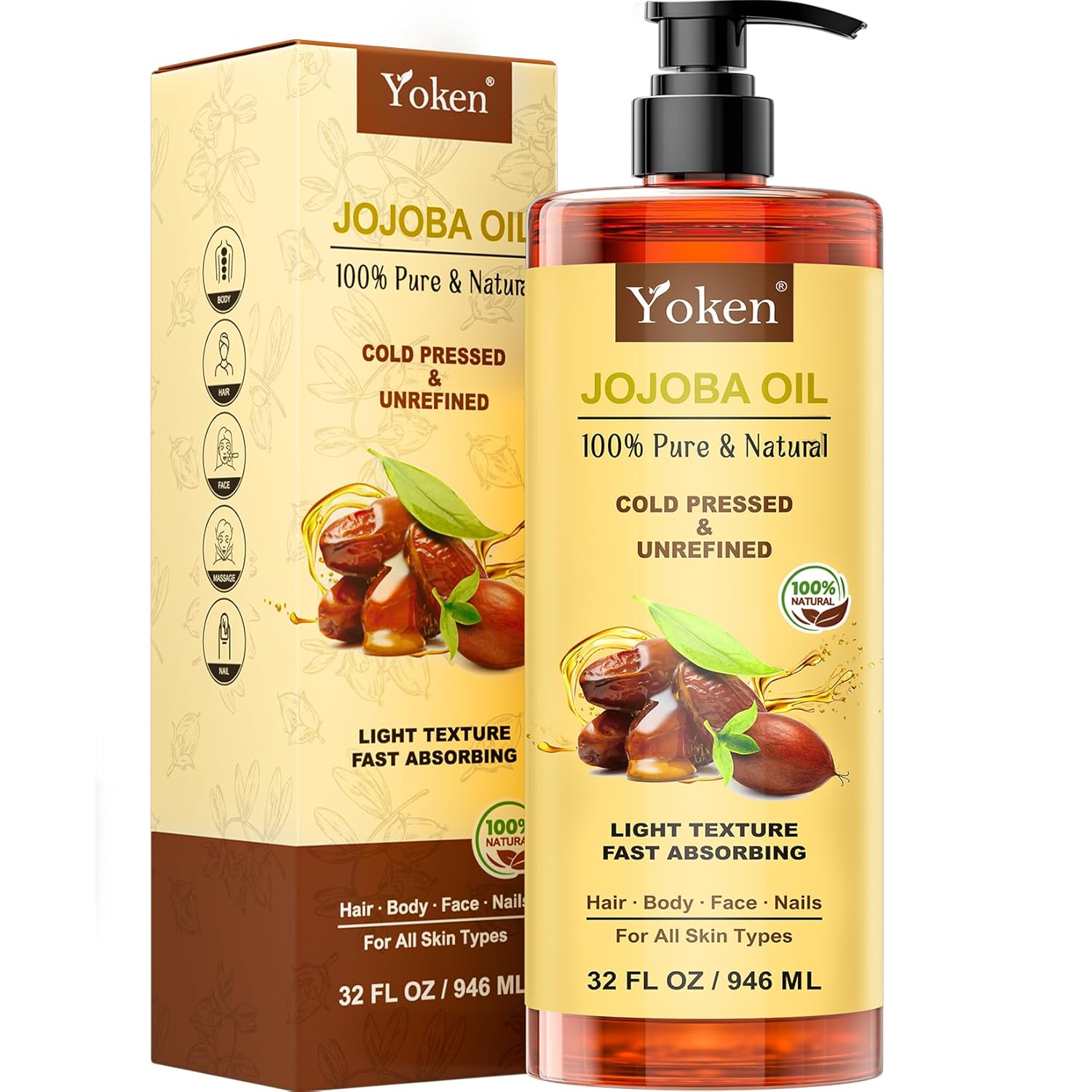 Yoken Jojoba Oil 32 fl oz (EWG Verified) 100% Pure & Natural Jojoba Oil for Skin...