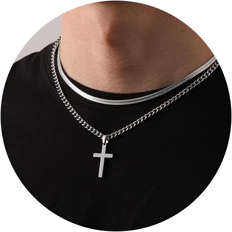 Cross Necklace for Men Boys Stainless Steel Layered Cuban Link Herringbone Chain...