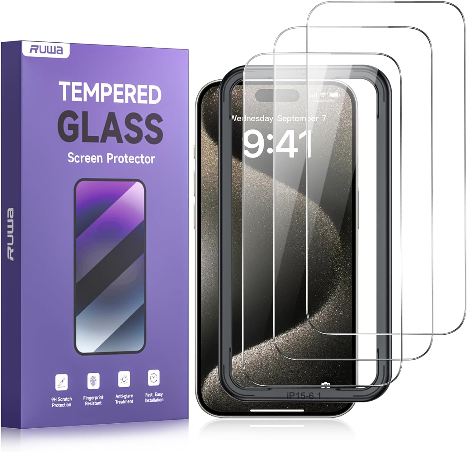 Screen Protector for iPhone 15 [6.1 Inch][3-Pack] HD Tempered Glass Film with Ea...