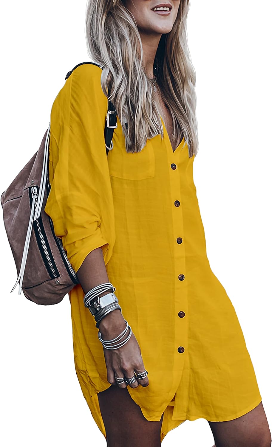 Women’s Swimsuit Cover up,Silky Button Down Shirt Midi Dress Kimono,Summer Bathi...