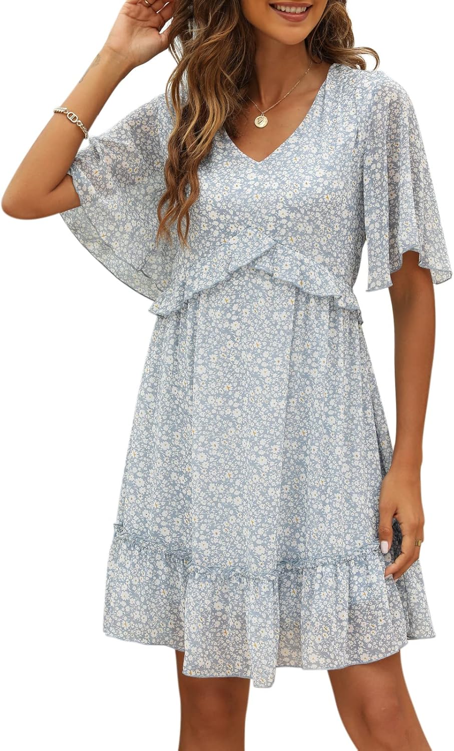 Manydress Women's Chiffon Floral Print V Neck Casual Mini Boho Ruffle Swing Dres...