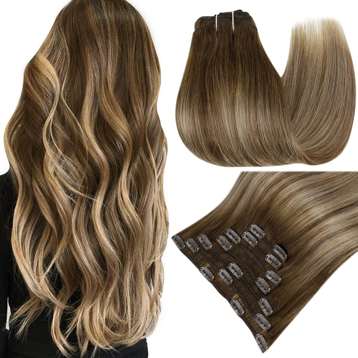 Easyouth Clip in Hair Extensions Real Human Hair Balayage Brown To Caramel Blond...