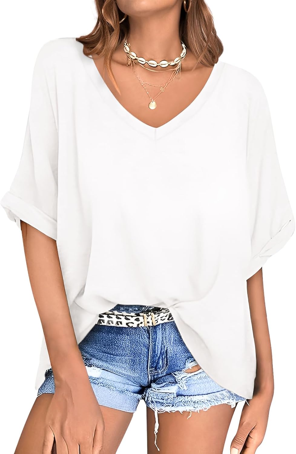 UEU Womens Oversized T-Shirts Summer V Neck Casual Shirts Short Sleeve Workout T...