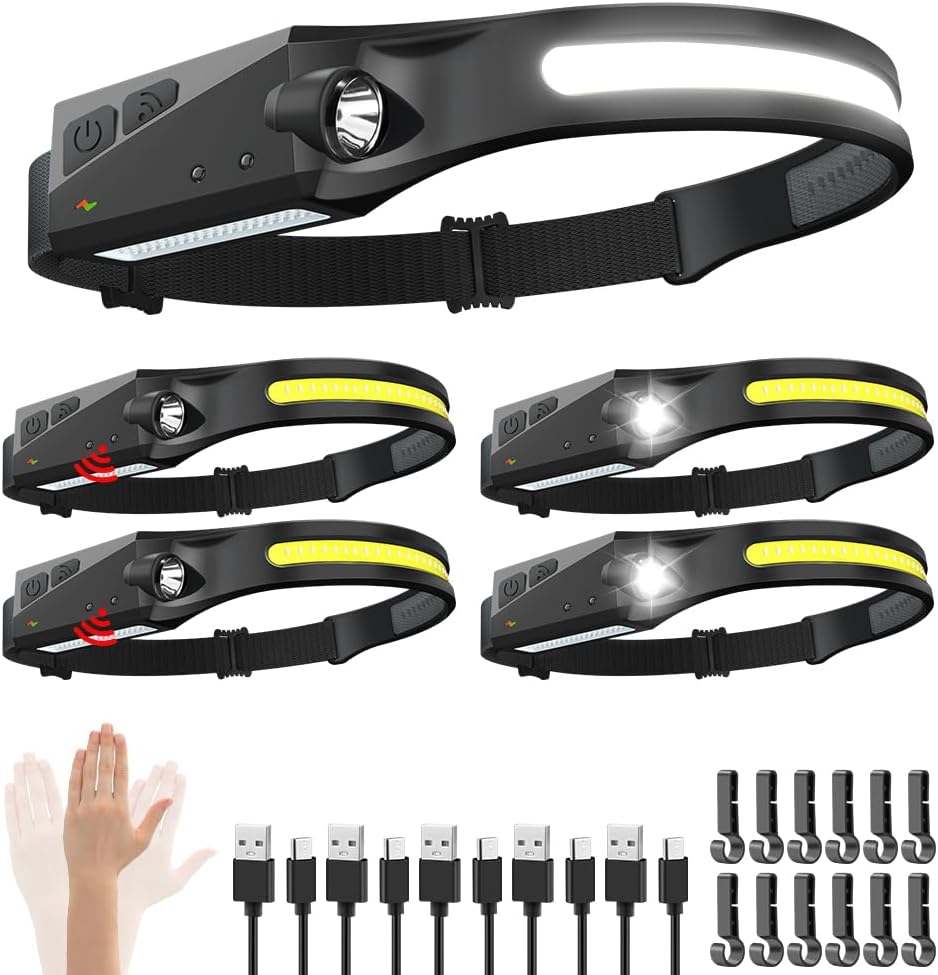 Rechargeable Headlamp 5PCS, 230° Wide Beam Head Lamp, Motion Sensor LED Headlamp...