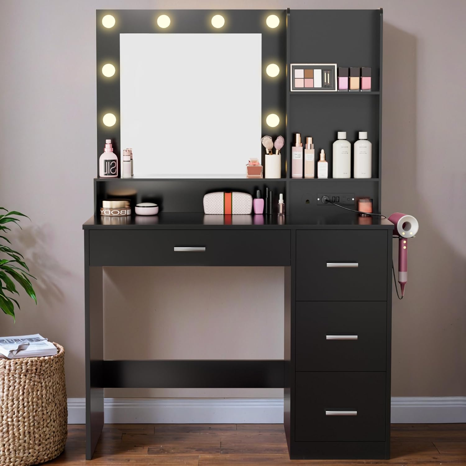 Furmax Vanity Desk with LED Lighted Mirror&Power Outlet, 39.3’’ Makeup Vanity Ta...