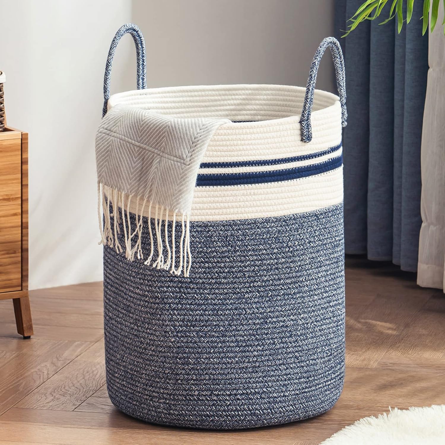 Woven Rope Laundry Hamper Basket, 72L Tall Laundry Basket, Baby Nursery Hamper f...
