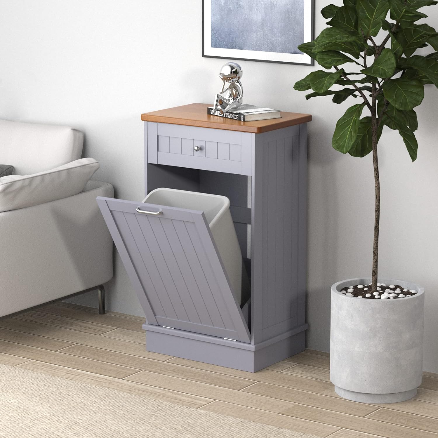 Tilt Out Trash Cabinet 10 Gallon Wooden Free Standing Laundry Sorter Cabinet,Rec...