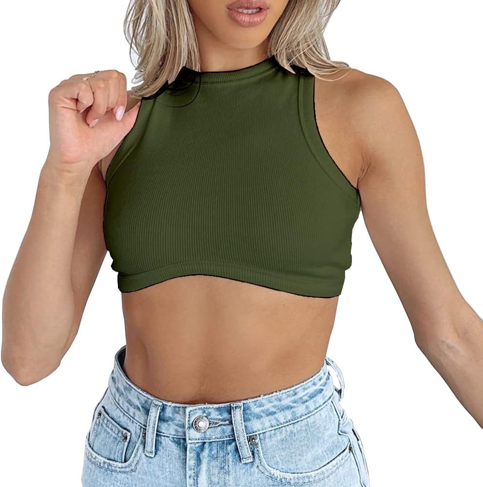 Dwnval Sexy Sleeveless Crewneck Ribbed Knitted Tank Crop Tops for Women Army Gre...