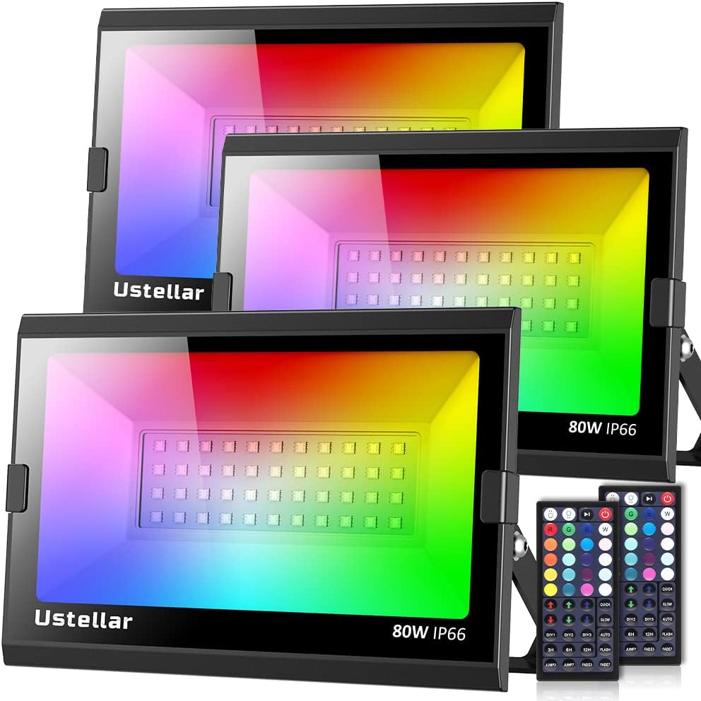 Ustellar 3 Pack 80W RGB LED Flood Lights 800W Equiv. Outdoor Color Changing Floo...