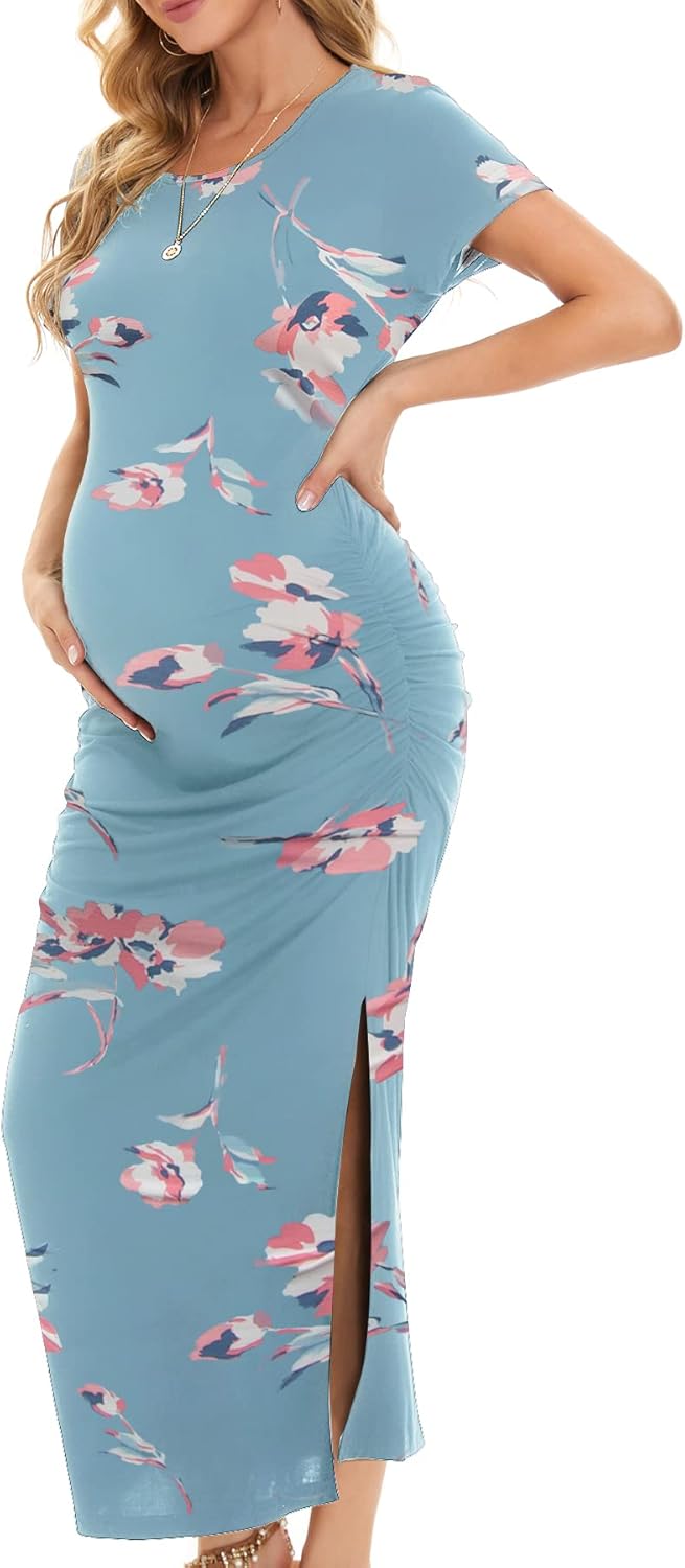 Smallshow Women's Split Long Maternity Dress Short Sleeve Ruched Pregnancy Cloth...