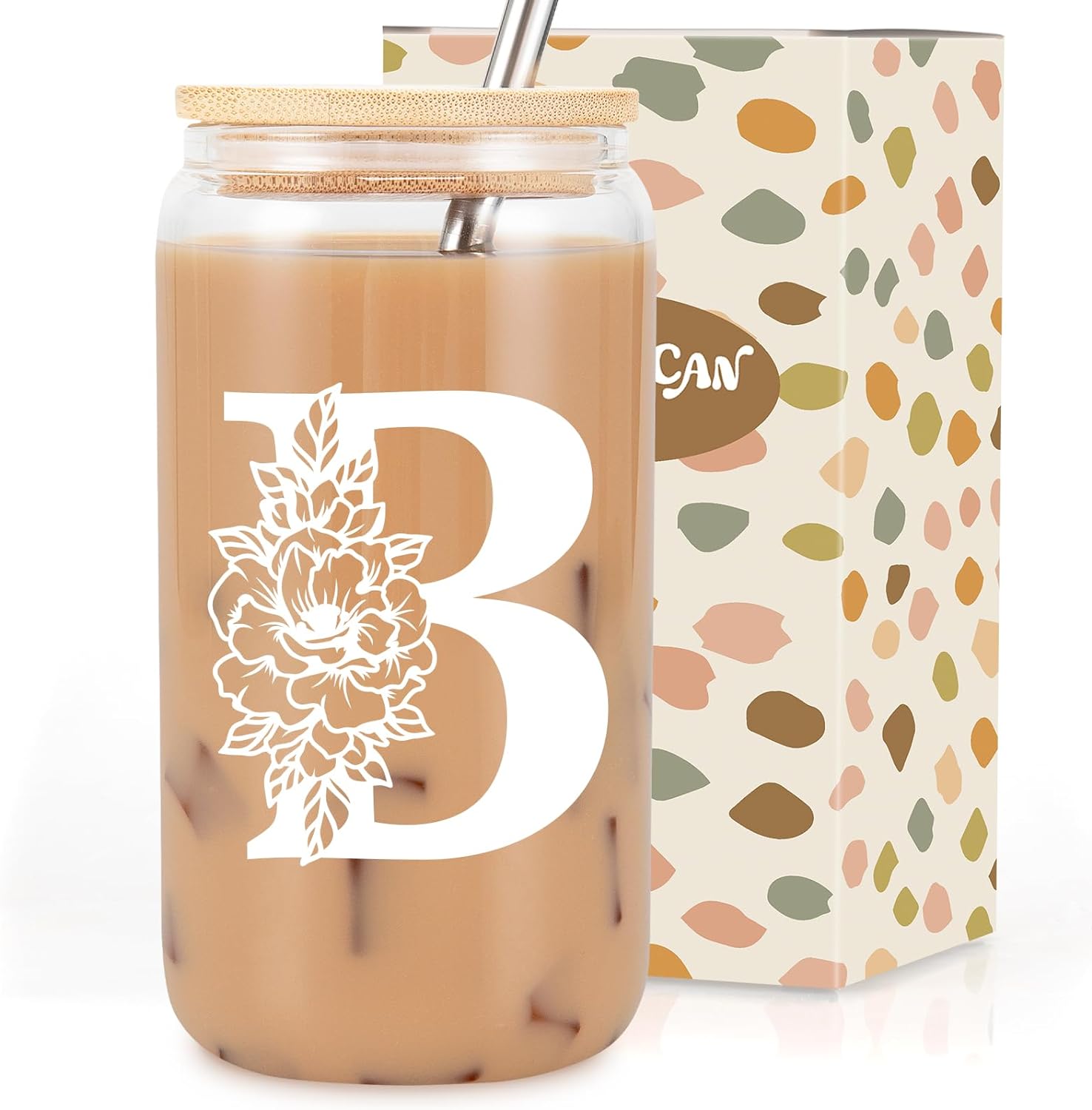 Coolife Initial Glass Cup, Monogrammed Gifts for Women, 16 oz Glass Cups w/Lids...