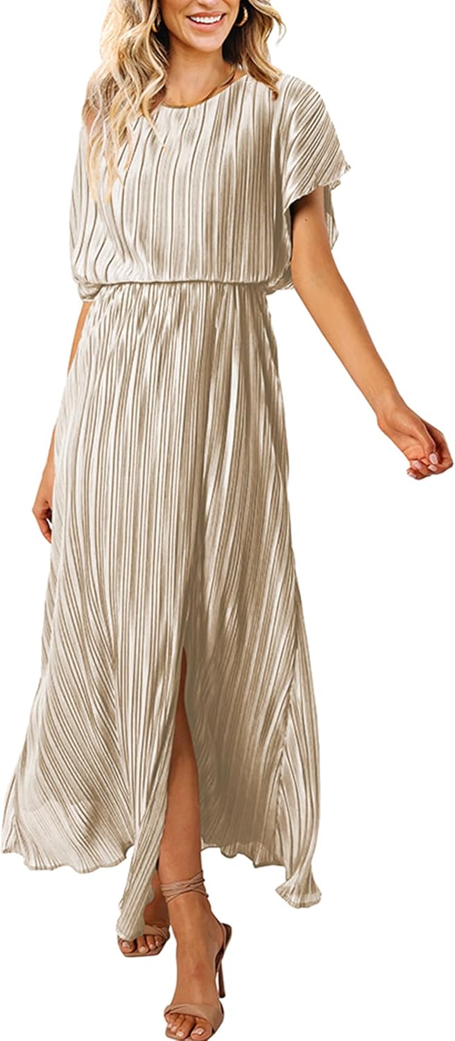 ECOWISH Womens Summer Maxi Dresses: Crew Neck Ruffle Cocktail Dress Sexy Pleated...