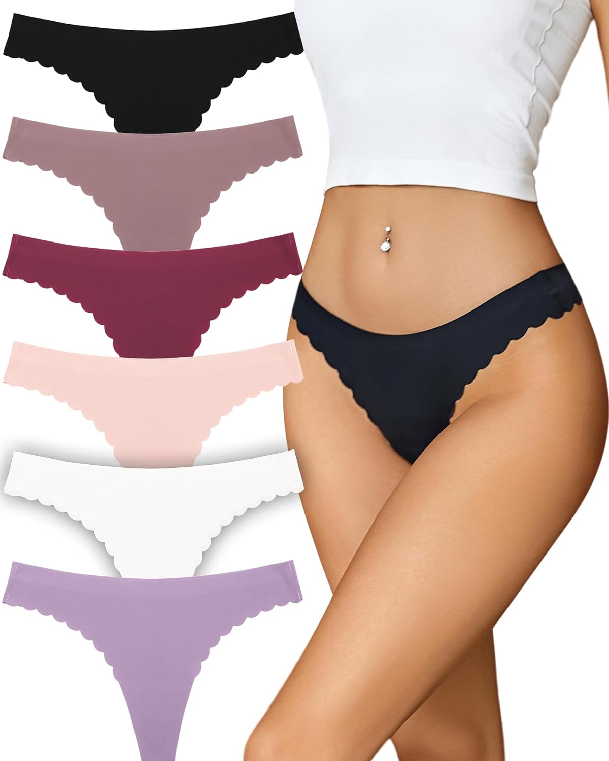 FINETOO 6 Pack Seamless Thongs for Women No Show Wavy Edge Side Women's Thong pa...