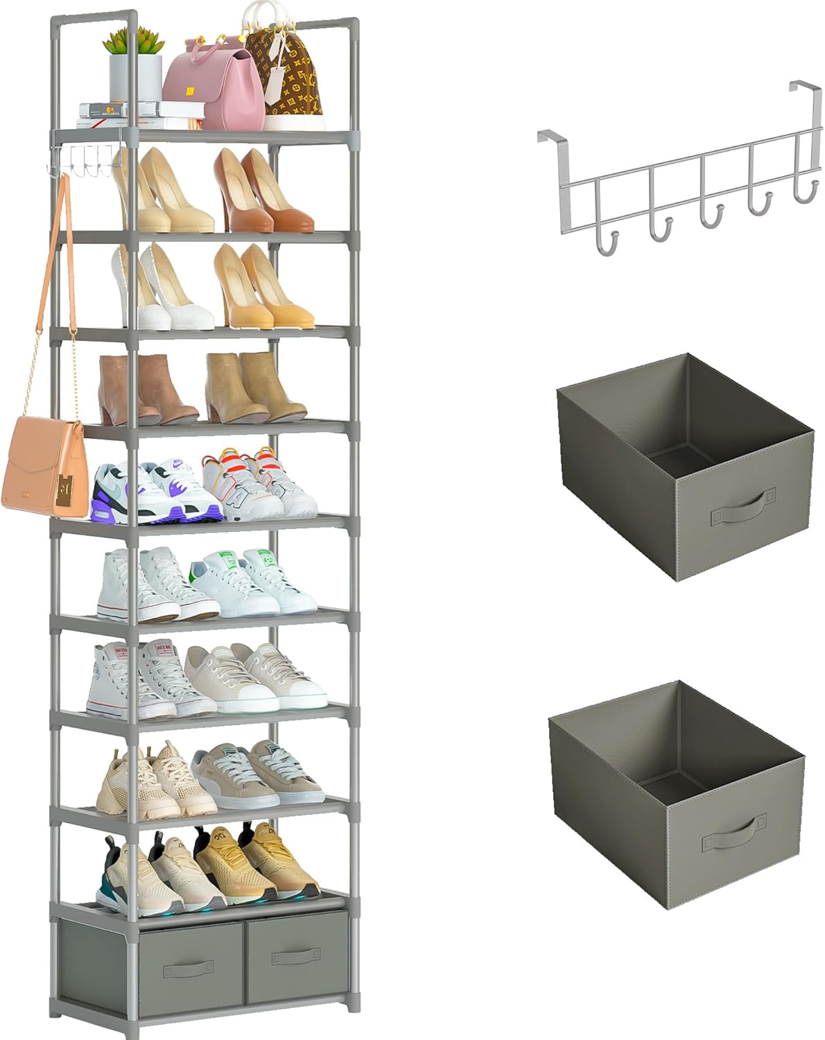 Tall Shoe Rack Narrow 10 Tier Shoes Rack 20 25 Pairs, Shoe Storage Organizer for...