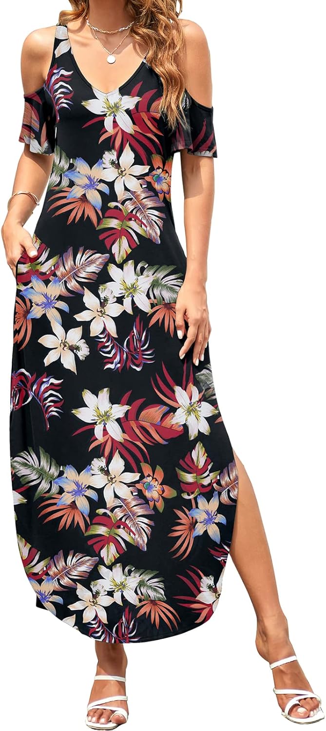 HUSKARY Women's Summer Maxi Dresses V Neck Cold Shoulder Short Sleeve Casual Loo...