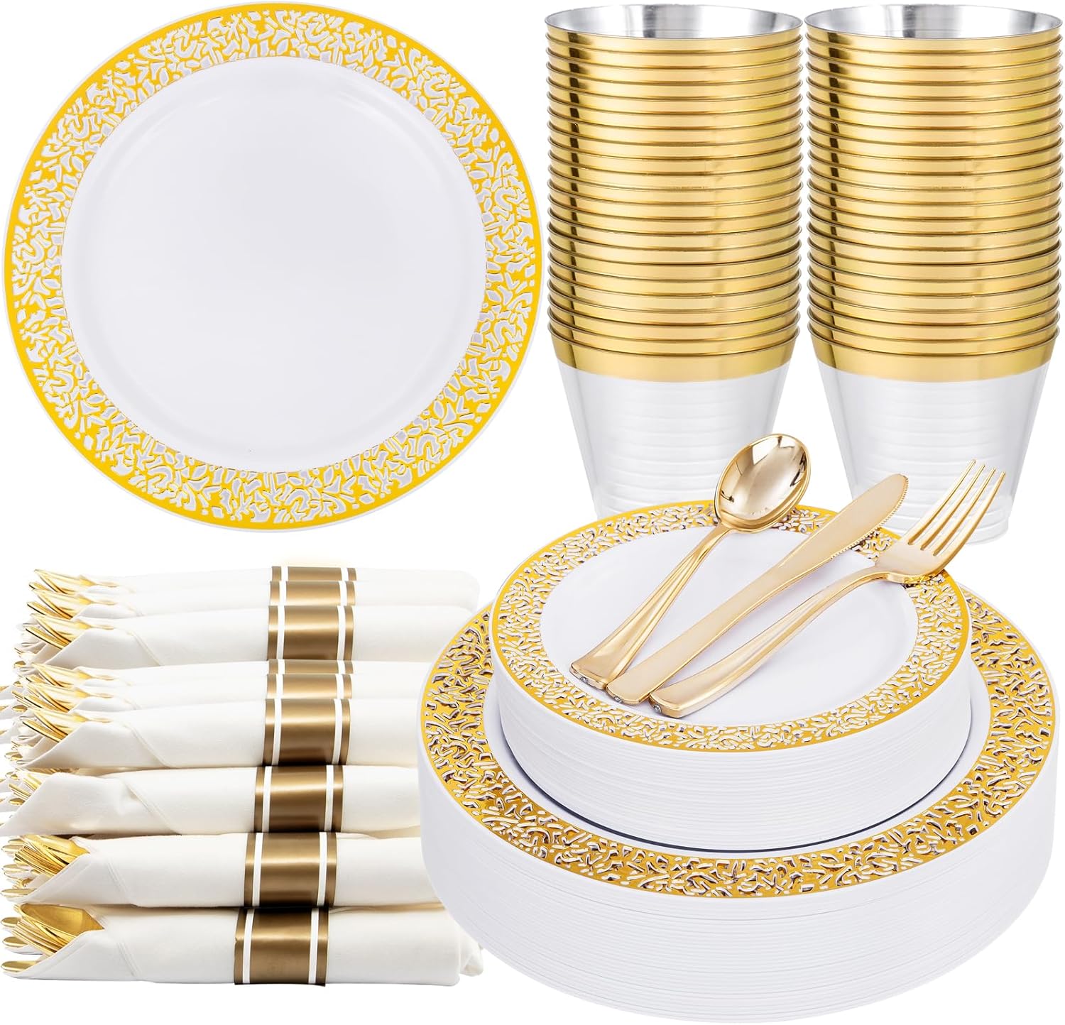 WELLIFE 175Pcs Gold Dinnerware Sets, Plates and Napkins Party Supplies Include:2...