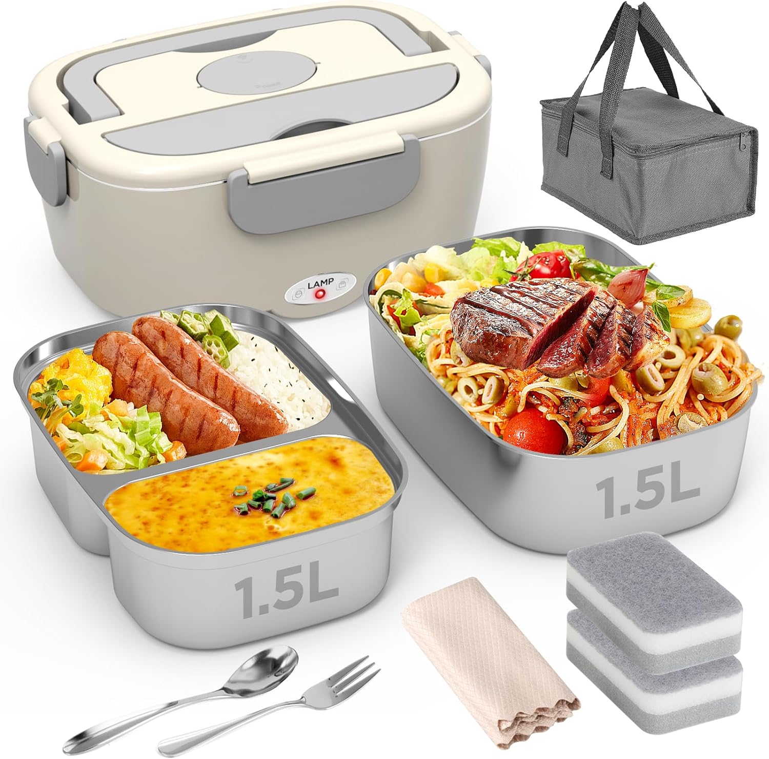 Electric Lunch Box Food Heater - 80W Fast Heating Lunch Box (12V/24V/110V) - Dua...