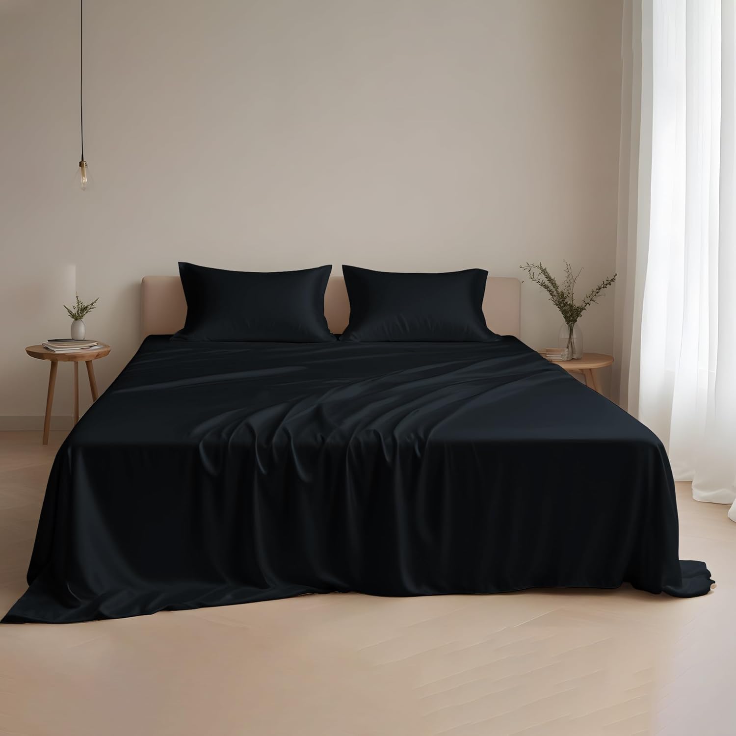 Linenwalas Black Silk Sheets King- Austrian Eucalyptus Tencel Lyocell 4Pc Sheets...