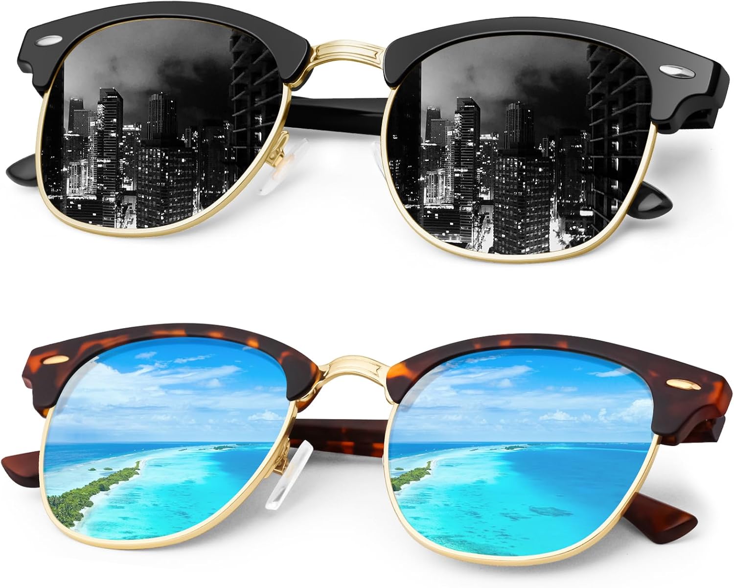 Classic Polarized Sunglasses for Men and Women Retro Style Semi Rimless Frame Su...