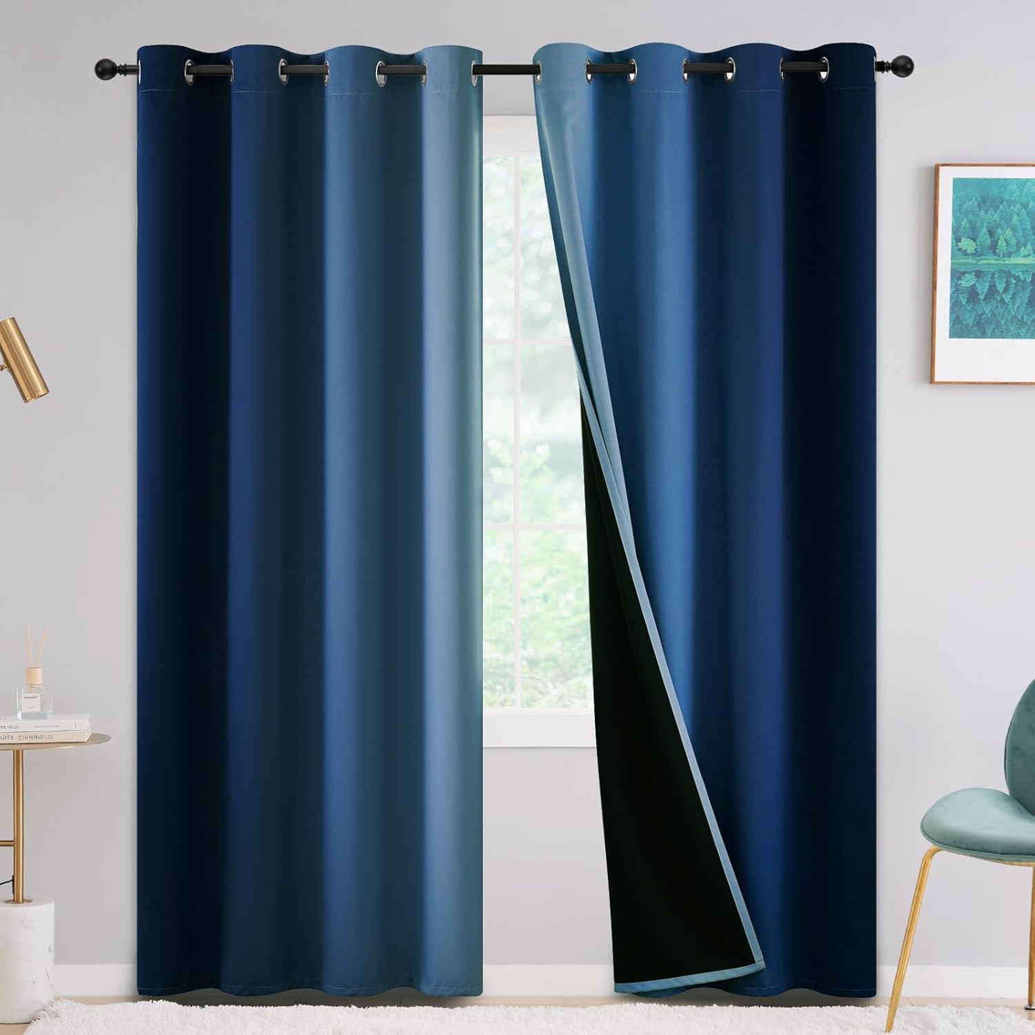 Yakamok 100% Blackout Curtains 84 inches Long,Room Darkening Blue and Greyish Wh...