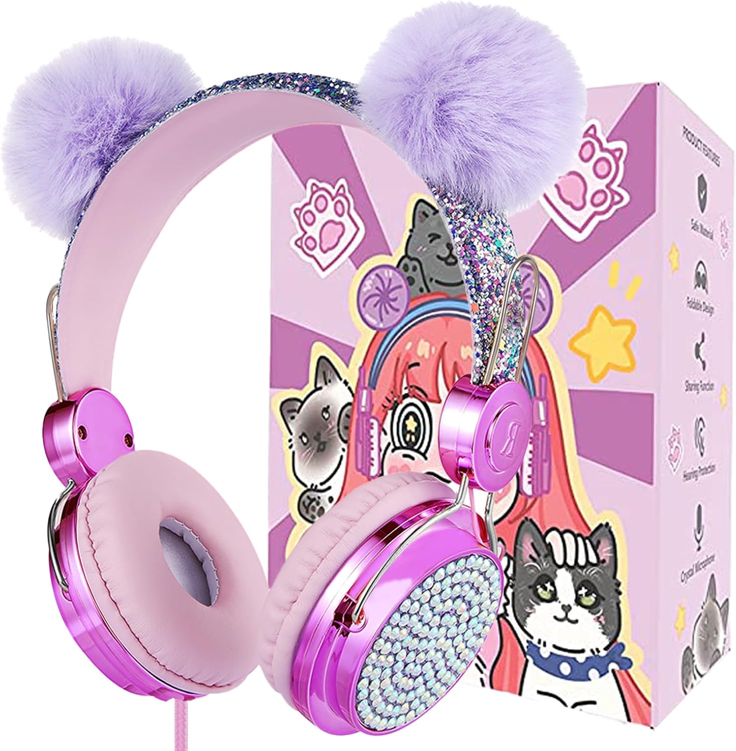 Kids Pom Headphones with Mic for Travel/Car/Plane,Added 85DB Limit Function&Shar...