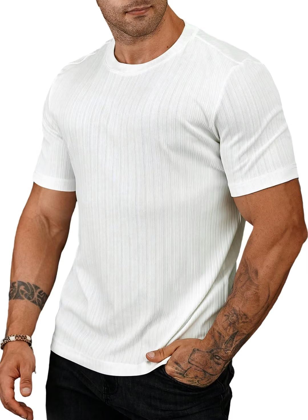 Men's Ribbed Shirt Short Sleeve Slim Fit Muscle T Shirts Stretch Bodybuilding Wo...