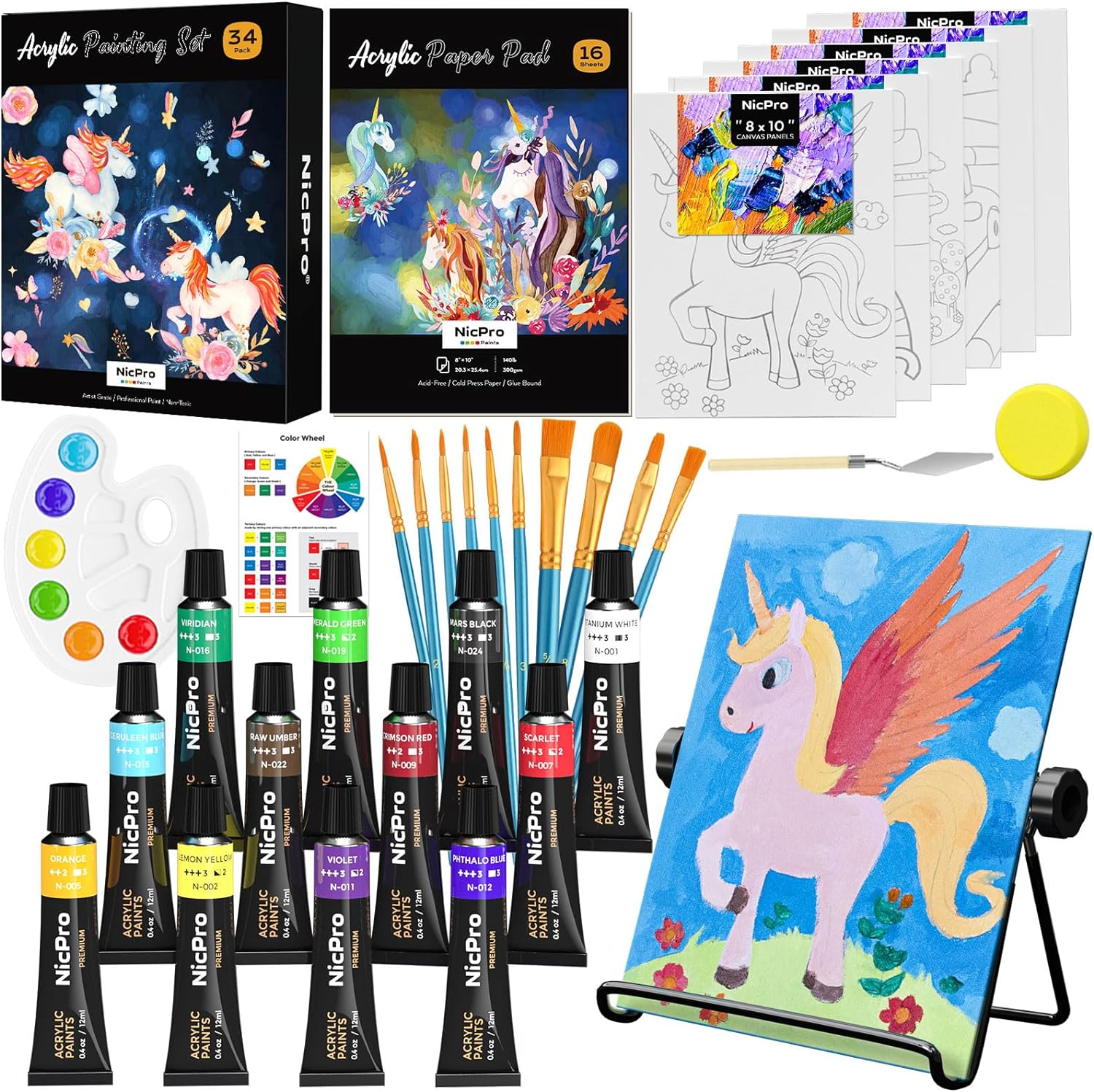 Nicpro 34PCS Kids Painting Set with Pattern Canvas, Art Painting Supplies Kit wi...