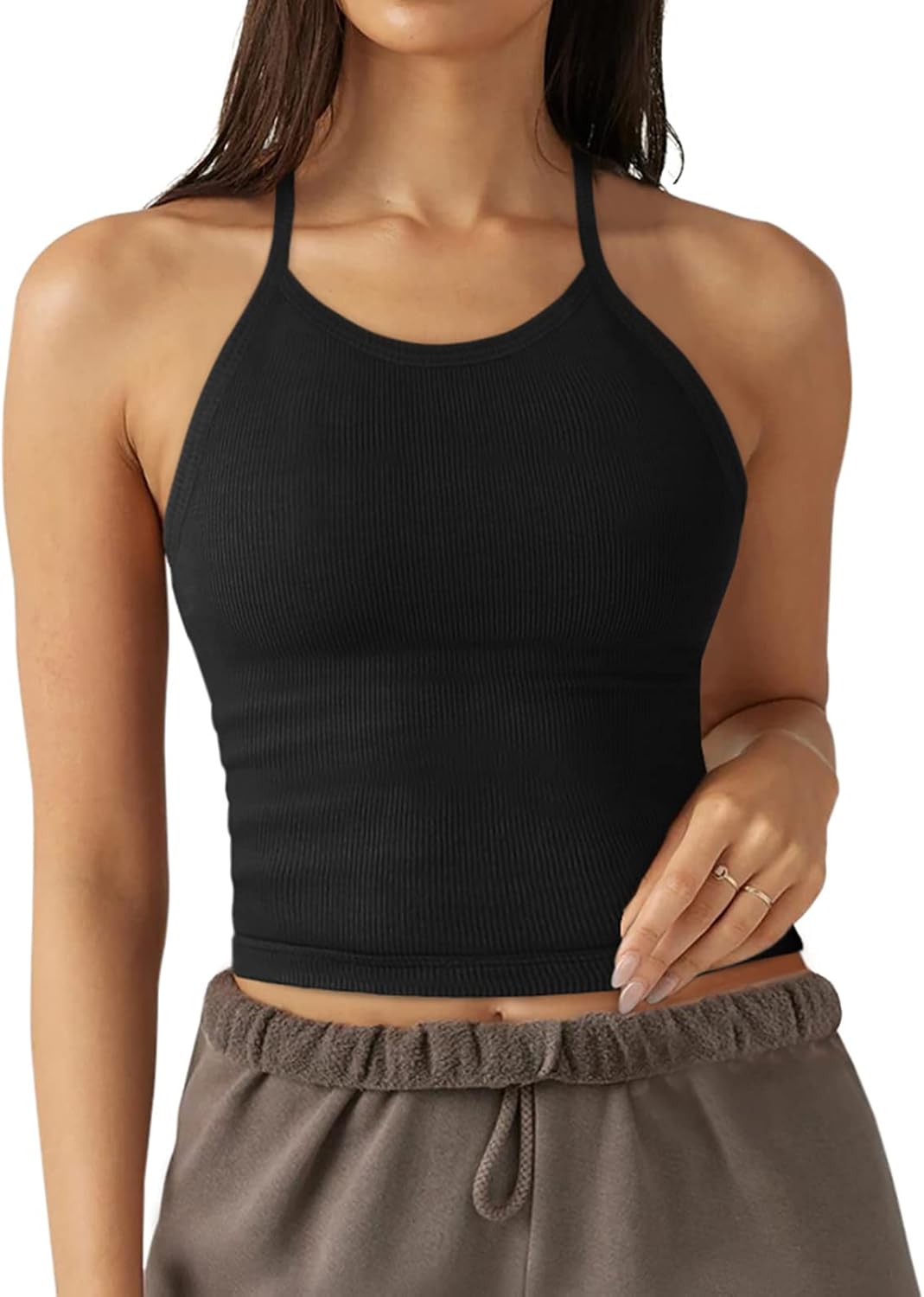 LASLULU Womens Sports Bra Seamless Long Crop Tank Racer Back Spaghetti Strap Wor...