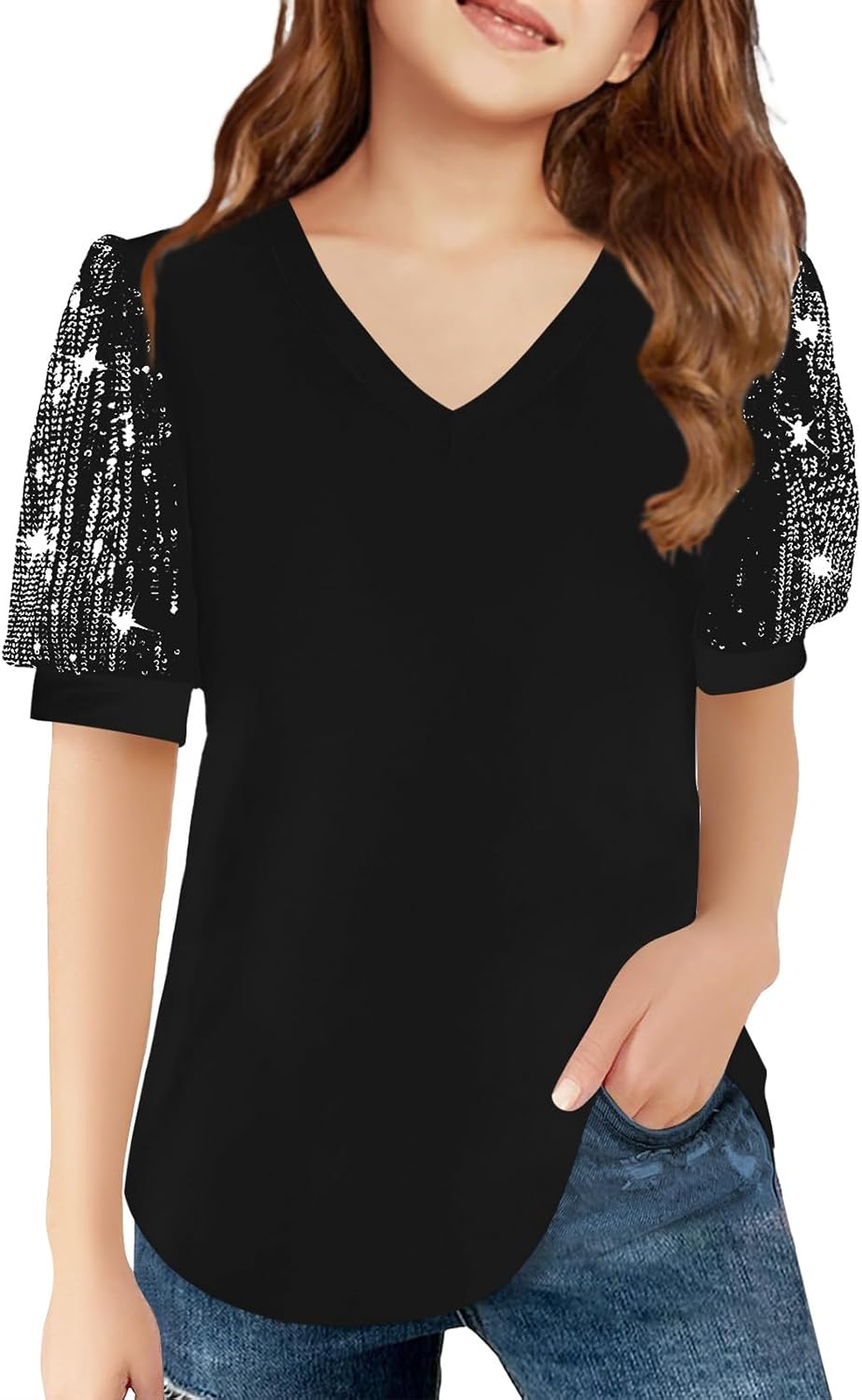 Best Haloumoning Girls Sequin Puff Short Sleeve Tunic Tops, Unique Kids Casual L...