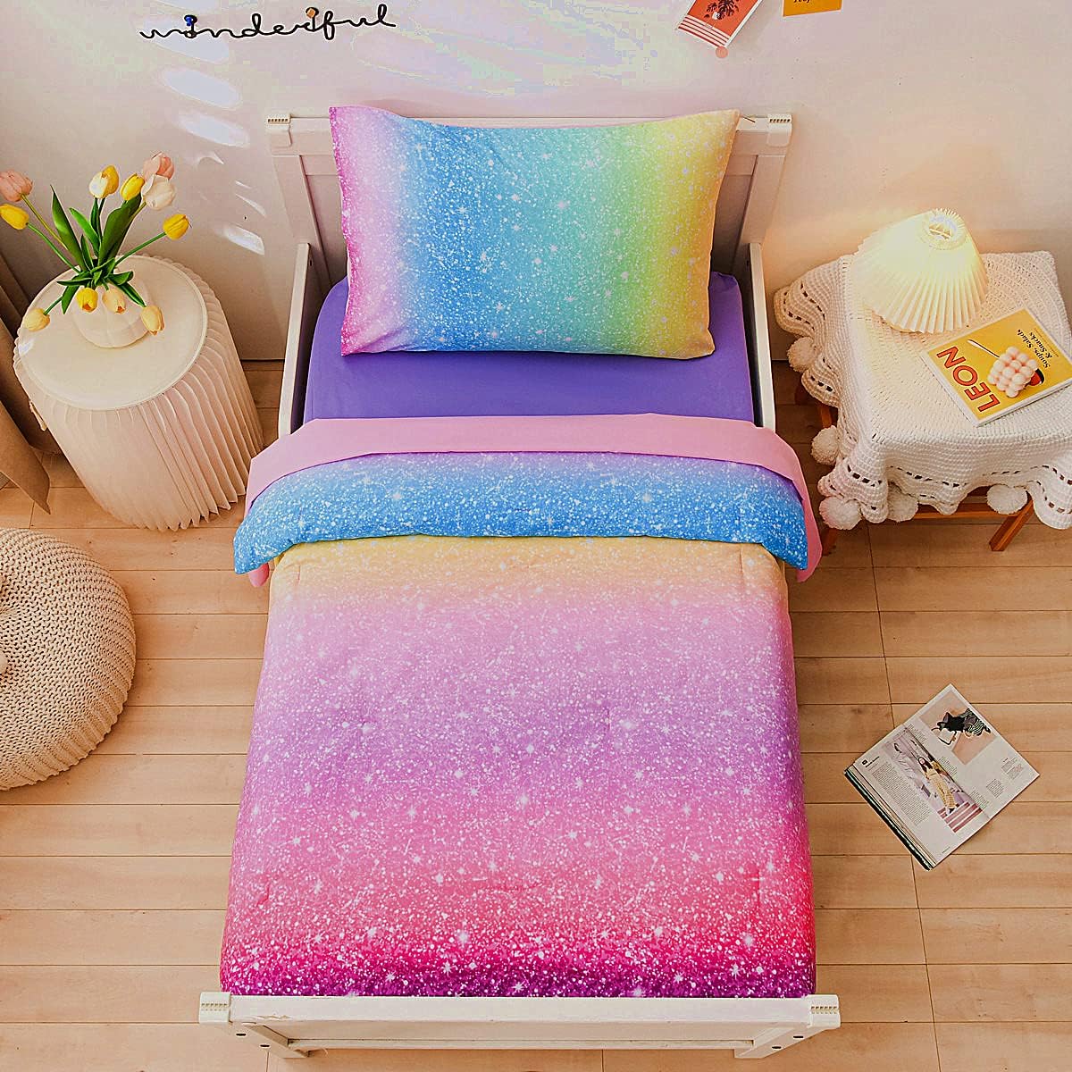 Best NTBED 4 Pieces Toddler Bedding Set, Special Bedding for Baby Girls with Col...
