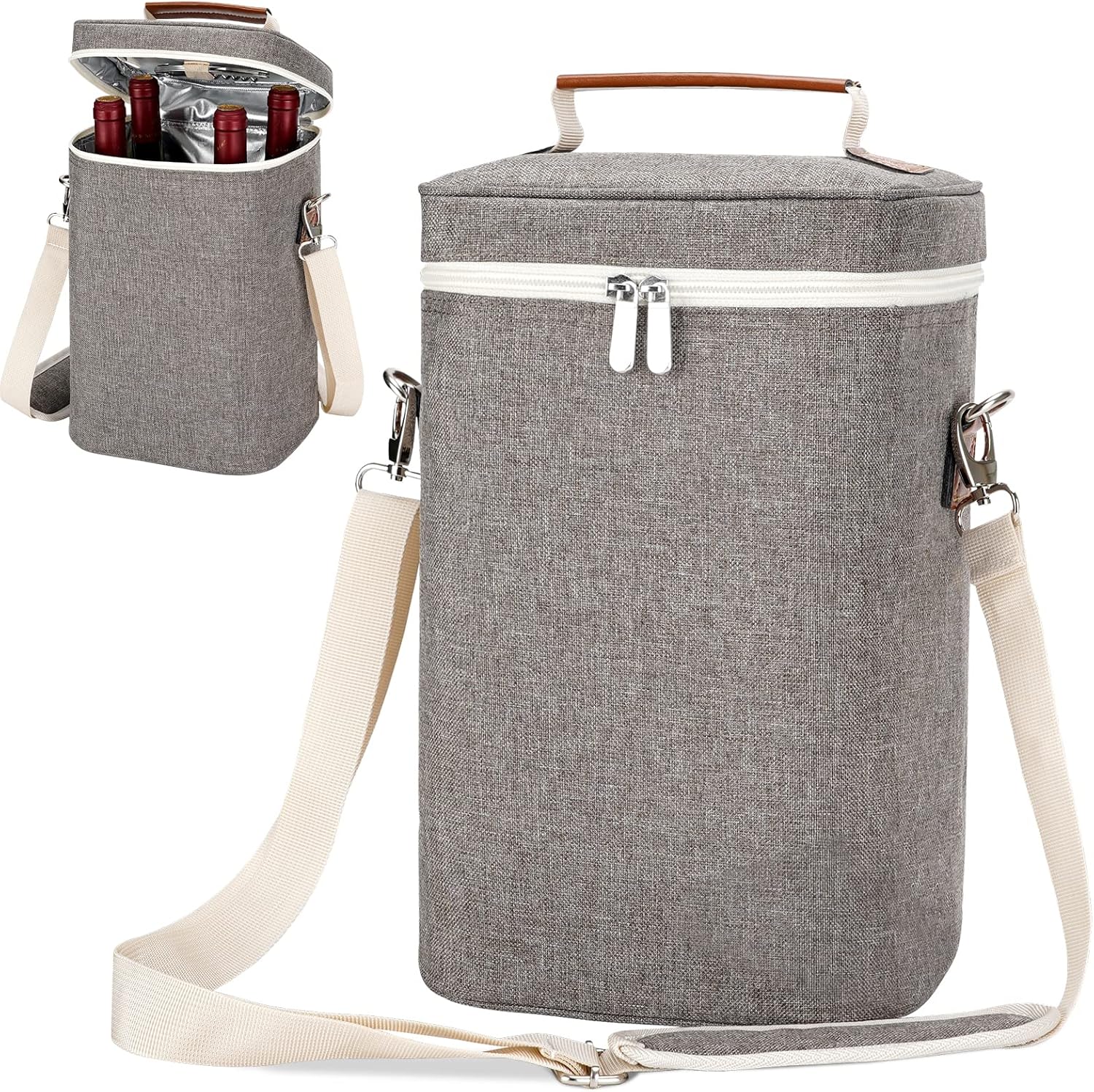 Best Wine Tote Carrier, Unique 4 Bottle Insulated Waxed Canvas Padded Wine Coole...