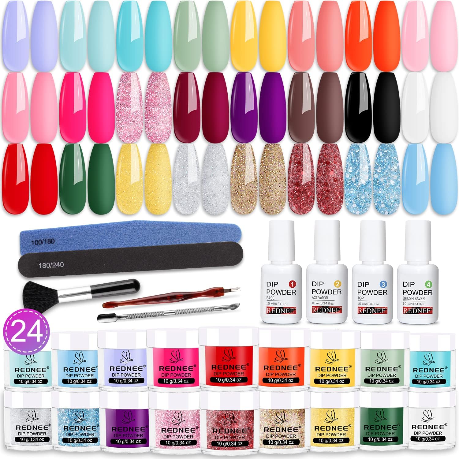 Unique REDNEE 33pcs Nail Dip Powder Kit, Special Starter Set with 24 Summer Colo...