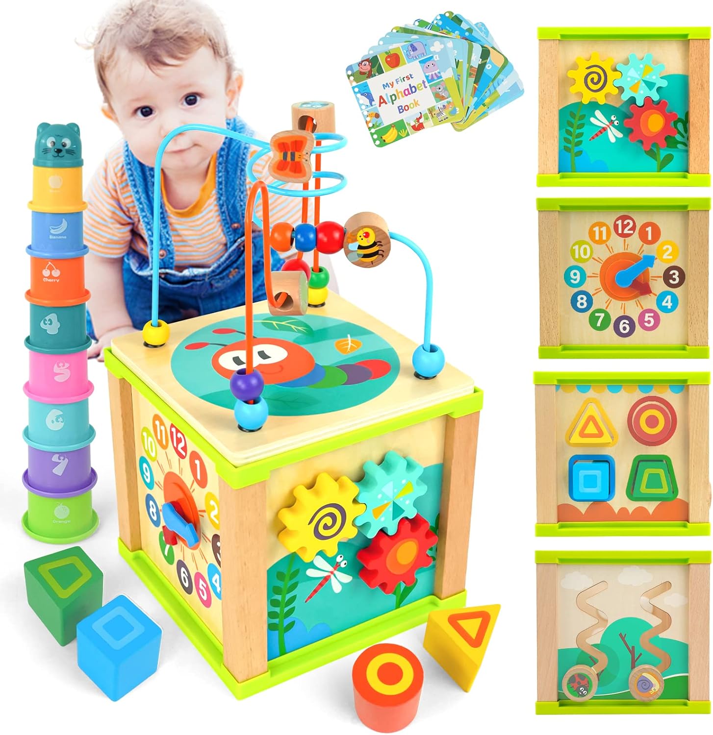 Best WOOD CITY Wooden Activity Cube, Special Montessori Toys Gift Set for Toddle...