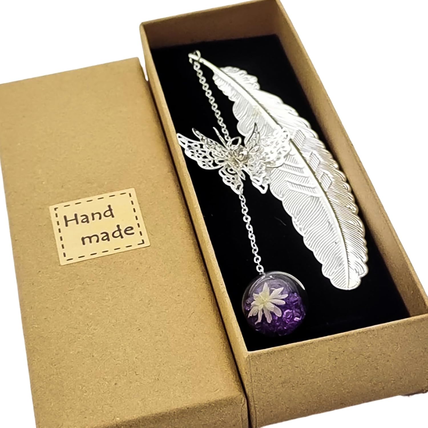 Best Metal Feather Bookmark, Special 3D Butterfly Bookmark with Dry Flower Penda...